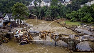 Houses were destroyed by the flooding of the Ahr river in Schuld, Germany, 2021..
