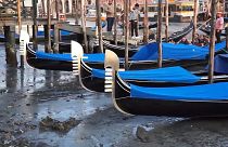 Venetian gondolas beached on the side of a canal