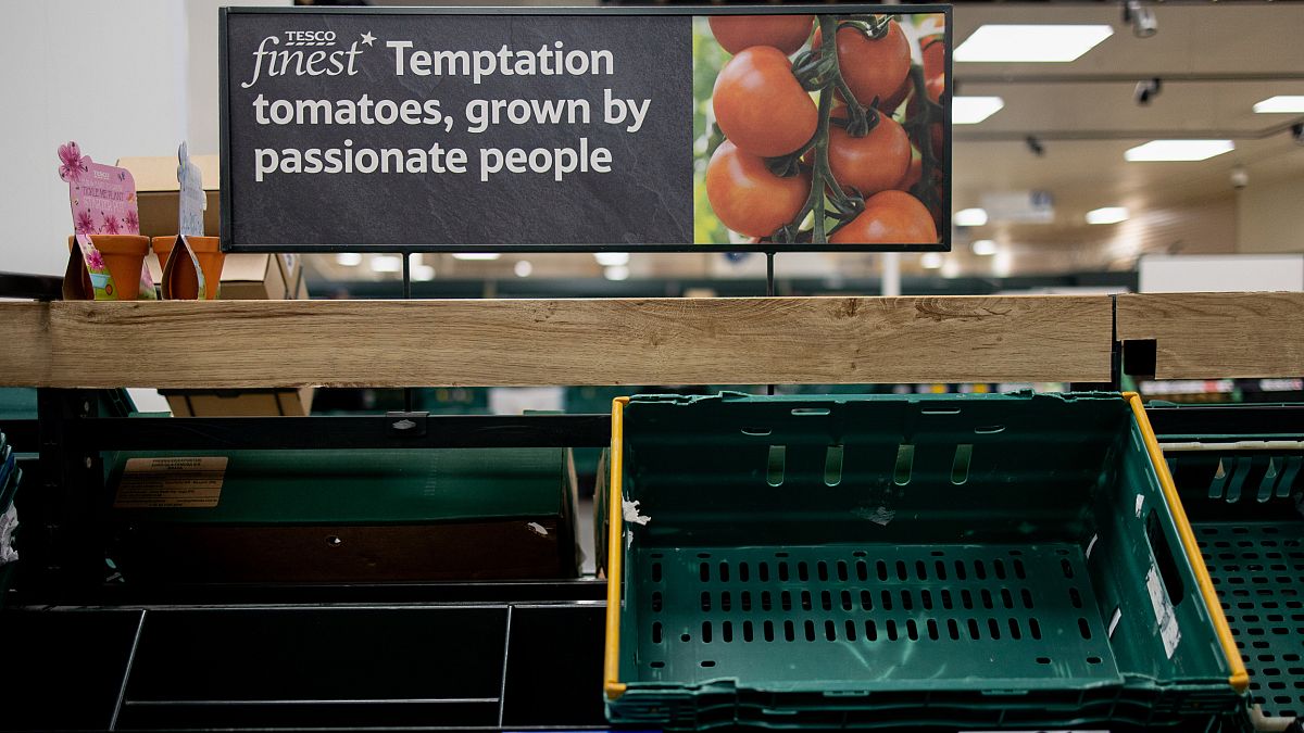 Prateleiras de tomate vazias num supermercado em Londres.