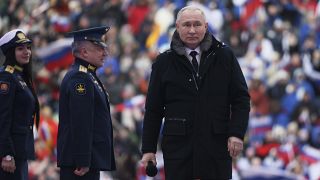 Vlagyimir Putyin a Luzsnyiki stadionban rendezett ünnepségen 2023.02.22-én.