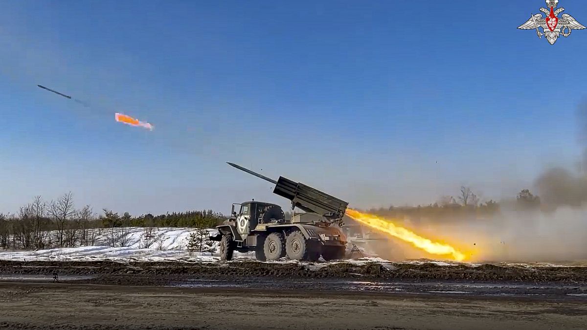 Video released by Russian Defense Ministry Press Service on Feb. 22, 2023, shows the Russian military's Grad multiple rocket launcher firing rockets at Ukrainian troops.