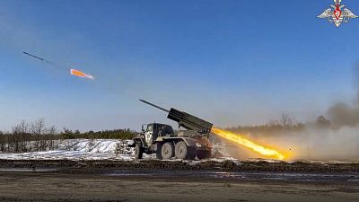 Video released by Russian Defense Ministry Press Service on Feb. 22, 2023, shows the Russian military's Grad multiple rocket launcher firing rockets at Ukrainian troops.