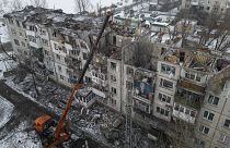 A residential building destroyed by a Russian rocket in Pokrovsk, Ukraine, Feb. 15, 2023. Authorities said at least two people were killed and 12 injured.
