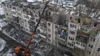 A residential building destroyed by a Russian rocket in Pokrovsk, Ukraine, Feb. 15, 2023. Authorities said at least two people were killed and 12 injured.