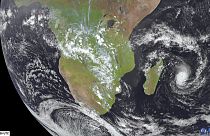his image from Meteosat-9 satellite shows Cyclone Freddy, right, in the Indian Ocean near Madagascar, Monday, Feb. 20, 2023.