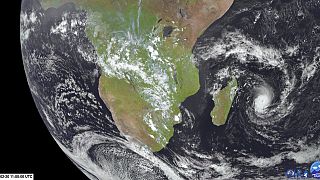 his image from Meteosat-9 satellite shows Cyclone Freddy, right, in the Indian Ocean near Madagascar, Monday, Feb. 20, 2023.