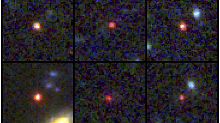This image provided by NASA and the European Space Agency shows images of six candidate massive galaxies, seen 500-800 million years after the Big Bang.