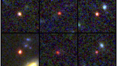 This image provided by NASA and the European Space Agency shows images of six candidate massive galaxies, seen 500-800 million years after the Big Bang.