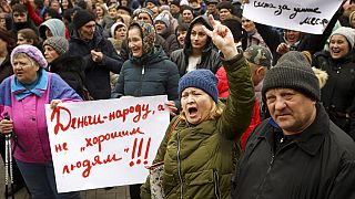 Protest backed by Moldova's Russia-friendly Shor Party, against the pro-Western government and low living standards, in Chisinau, Moldova, Sunday, Feb. 19, 2023