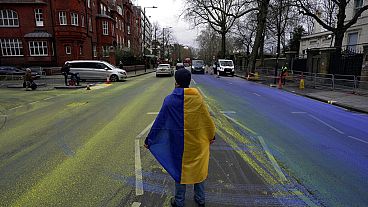 Протестующий c флагом  Украины на проезжей части, разрисованной в цвета краинского флага