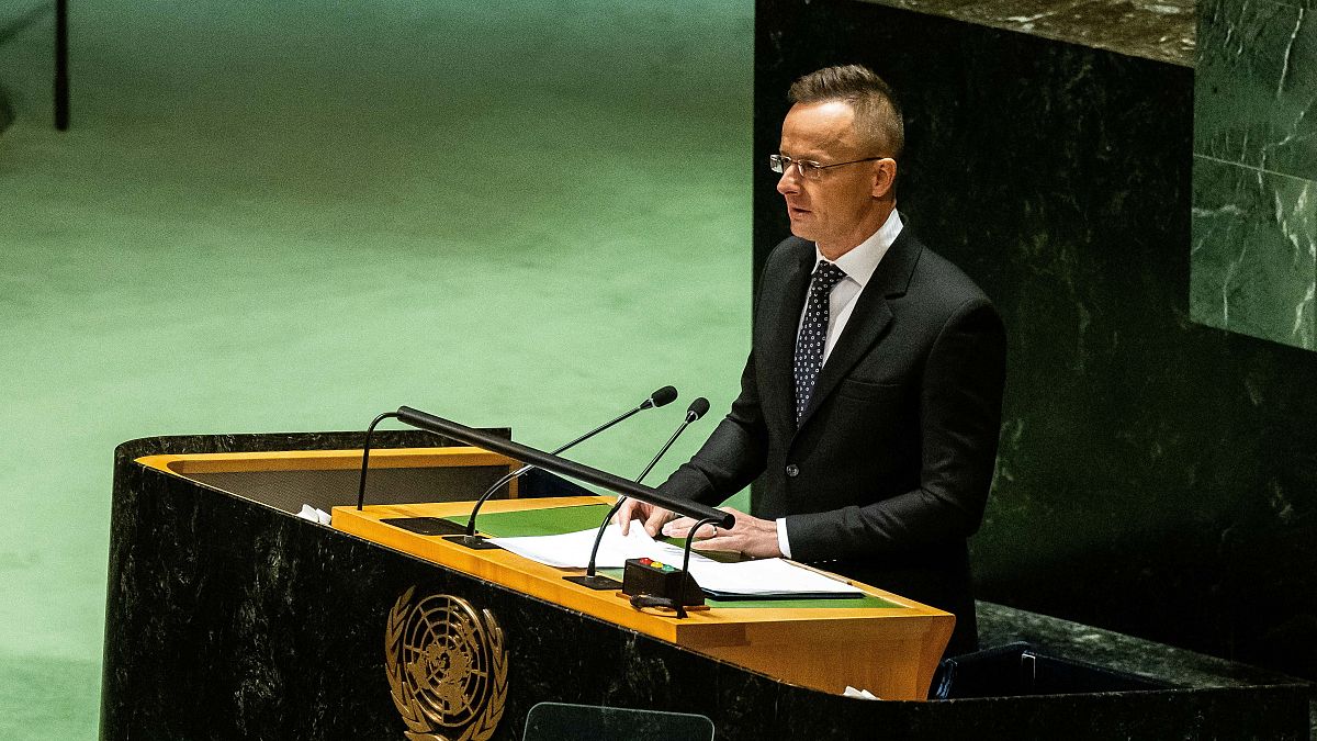  Szijjártó Péter külgazdasági és külügyminiszter felszólal az ENSZ-közgyűlés ukrajnai háború miatti rendkívüli ülésén New Yorkban 2023. február 23-án.