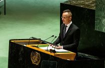  Szijjártó Péter külgazdasági és külügyminiszter felszólal az ENSZ-közgyűlés ukrajnai háború miatti rendkívüli ülésén New Yorkban 2023. február 23-án.