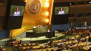 Germany's foreign minister Annalena Baerbock addresses the United Nations General Assembly