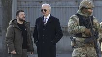 President Joe Biden & Ukrainian President Volodymyr Zelenskyy talk during an unannounced visit in Kyiv, Ukraine, Monday, Feb. 20, 2023.