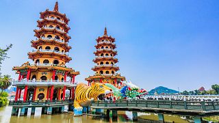 The Dragon and Tiger Pagodas in Kaohsiung, Taiwan. There are 15,000 official temples around the island.