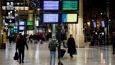 Travellers at Gare du Nord train station in Paris on a new day of nationwide strikes and protests against the government's pension reform plan