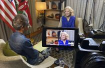 First Lady of the United States Jill Biden speaks is seen on a camera viewfinder during an interview with Associated Press in Nairobi, Feb 24, 2023 