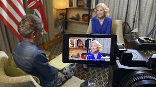 First Lady of the United States Jill Biden speaks is seen on a camera viewfinder during an interview with Associated Press in Nairobi, Feb 24, 2023 