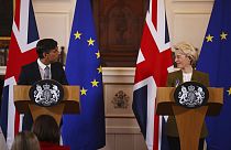 Britain's Prime Minister Rishi Sunak and EU Commission President Ursula von der Leyen, right, hold a press conference at Windsor Guildhall, England, Monday Feb. 27, 2023.