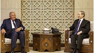 وزير الخارجية السوري فيصل المقداد يلتقي بنظيره المصري سامح شكري في مقر وزارة الخارجية خلال زيارة إلى دمشق في 27 فبراير/شباط 2023.