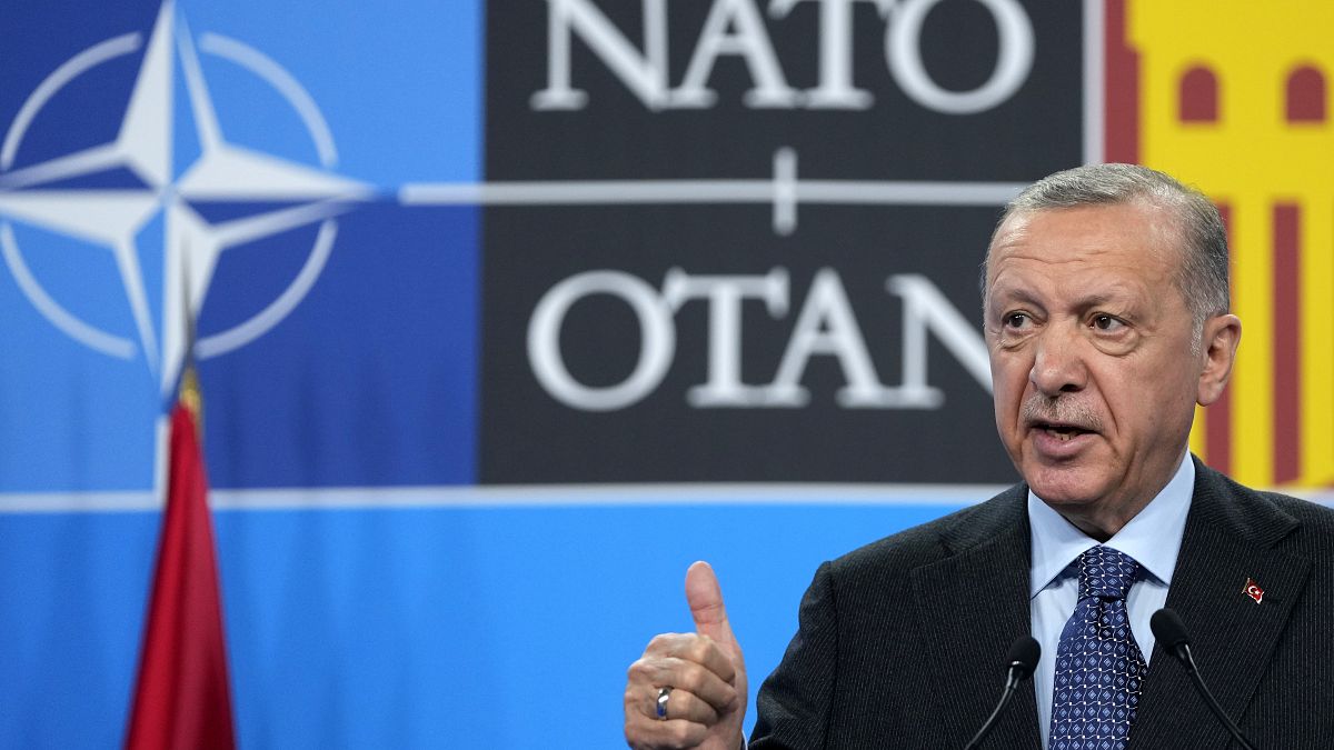 Turkish President Recep Tayyip Erdogan speaks during a media conference at a NATO summit in Madrid, Spain on Thursday, June 30, 2022. 