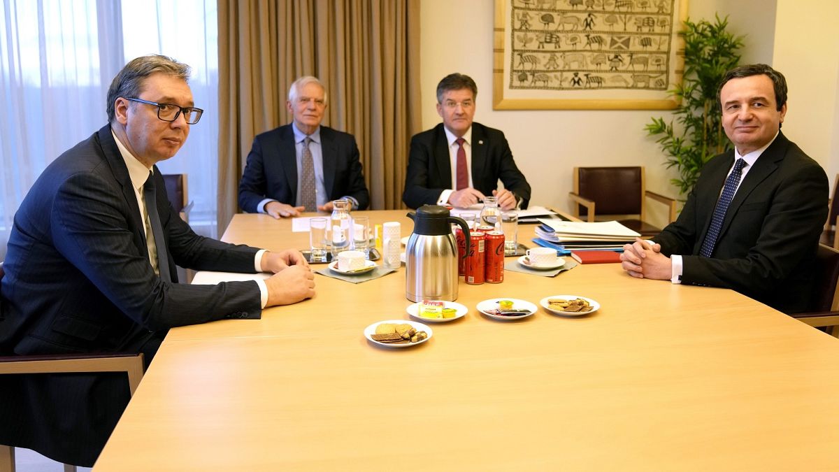 Serbian President Aleksandar Vucic (L), and Kosovo's PM Albin Kurti (R), meet with EU foreign policy chief Josep Borrell, second left, in Brussels, Feb. 27, 2023.