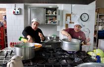 Rosa Manfra and Rosaria Fele cooking in the Chiku restaurant in Naples, Italy