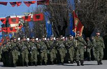Kosovo Security Force members march during celebrations to mark the 15th anniversary of independence, in Pristina, Kosovo, Friday, Feb. 17, 2023. 
