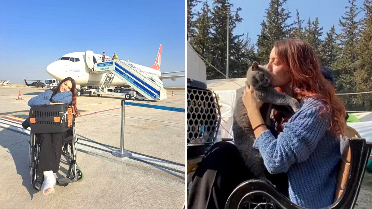 Pet owner Rumi flew back from Istanbul to Antakya with both legs in casts to be reunited with her cat.
