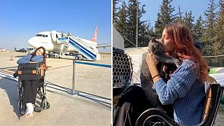 Pet owner Rumi flew back from Istanbul to Antakya with both legs in casts to be reunited with her cat.   -