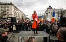 Marina Tauber, vice-president of Moldova's Russia-friendly Shor Party, speaks during a protest.