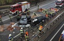 Two destroyed cars on highway 38 after a head-on collision in which three people died, in Leinefelde-Worbis, Germany, Tuesday, Dec. 20, 2022.