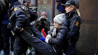 Die schwedische Aktivistin Greta Thunberg wird während einer Demonstration vor dem norwegischen Finanzministerium in Oslo weggetragen,