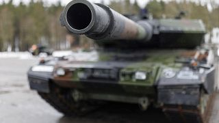 New Leopard 2 A7V tanks from the German Army stand on the barracks grounds during the ceremonial handover for Tank Battalion 104 in Pfreimd, Germany, Friday, Feb. 3, 2023.