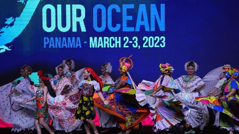 Dancers perform on the opening day of the Our Ocean meeting at the Panama Convention Center in Panama City, 2 March 2023