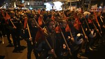 People shout slogans during a protest in the port city of Thessaloniki, northern Greece, 2 March, 2023