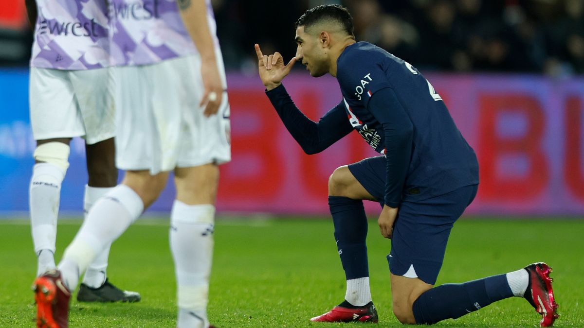 PSG's Achraf Hakimi reacts after scoring his side first goal during the French League One soccer match between Paris Saint-Germain and Toulouse, in Paris, 4 February 2023