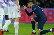 PSG's Achraf Hakimi reacts after scoring his side first goal during the French League One soccer match between Paris Saint-Germain and Toulouse, in Paris, 4 February 2023