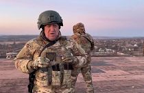 Yevgeny Prigozhin, the chief of the Russian paramilitary group Wagner, at an undisclosed location. Prigozhin declared his fighters have "practically encircled" Bakhmut.