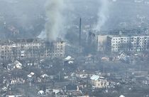 This file video grab taken from a shooting by AFPTV shows an aerial view of destructions during fightings in the city of Bakhmut on February 27, 2023.
