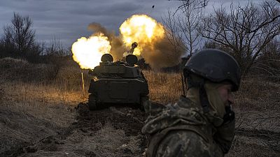 A Ukrainian self-propelled artillery vehicle fires on the frontline, Donetsk region, Ukraine, Thursday, March 2, 2023.
