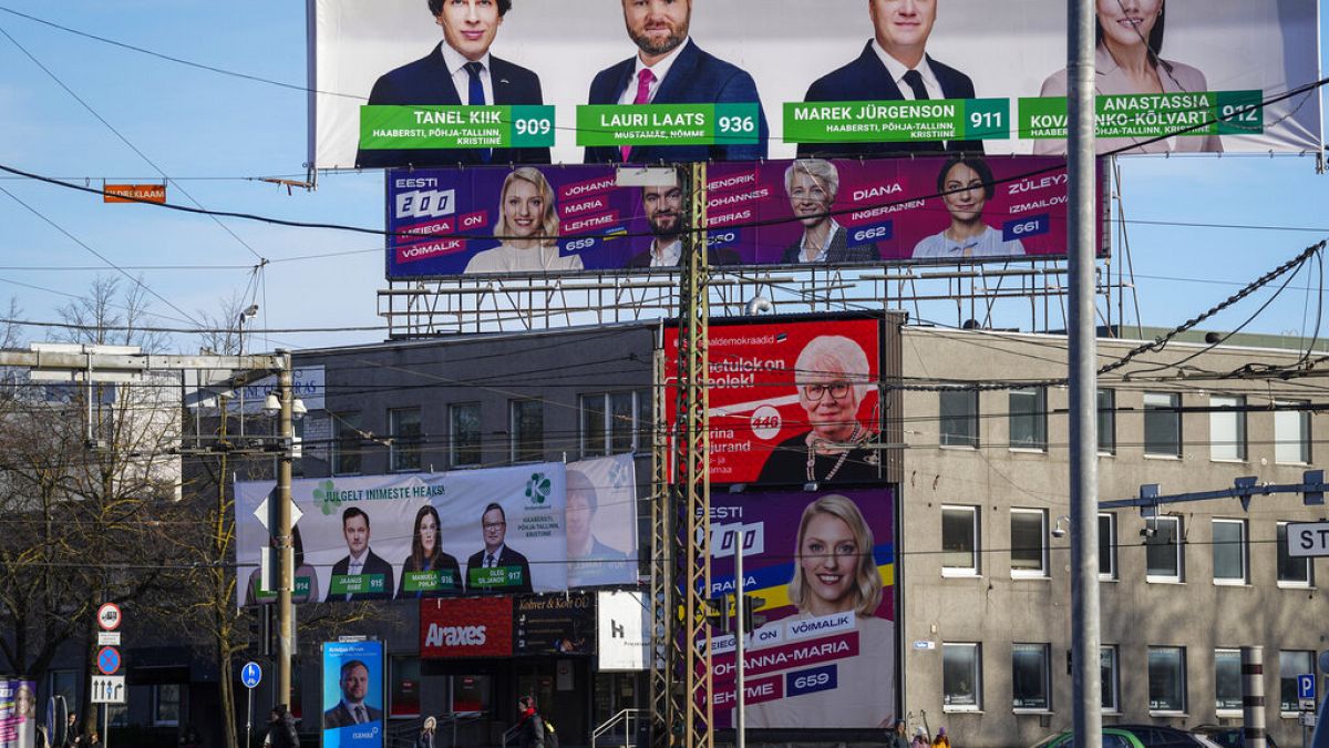 Electoral posters are displayed in Tallinn, Estonia, Thursday, March 2, 2023.