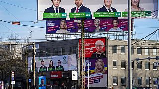 Electoral posters are displayed in Tallinn, Estonia, Thursday, March 2, 2023.
