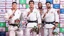 Le podium des +100 kg lors du Grand Slam de Tachkent, en Ouzbékistan, dimanche 5 mars 2023.