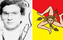 Mafia boss Matteo Messina Denaro in an old picture, left, and the flag of Sicily, right