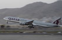 A Qatar Airways aircraft takes off with foreigners from the airport in Kabul, Afghanistan, on September 9, 2021. 
