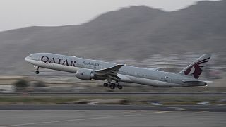 A Qatar Airways aircraft takes off with foreigners from the airport in Kabul, Afghanistan, on September 9, 2021.