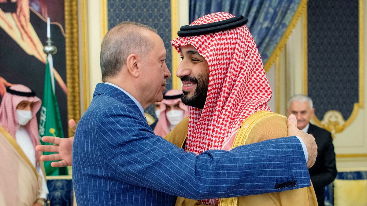 رجب طیب اردوغان، رئیس جمهور ترکیه در دیدار با محمد بن سلمان، ولیعهد عربستان سعودی