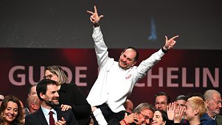 Alexandre Couillon celebrates after being awarded a third Michelin star, during the 2023 edition of the Michelin guide awards ceremony on March 6, 2023 in Strasbourg