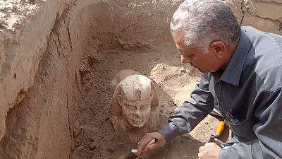 An archaeologist unearthing a statue of the Sphynx near the Dendera Temple in the Qina (Qena) governorate.